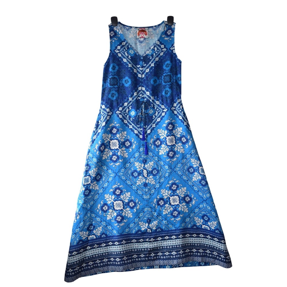 Johnny Was Maxi Dress Womens S Blue Floral Bandana Print Linen Tassel Excellent